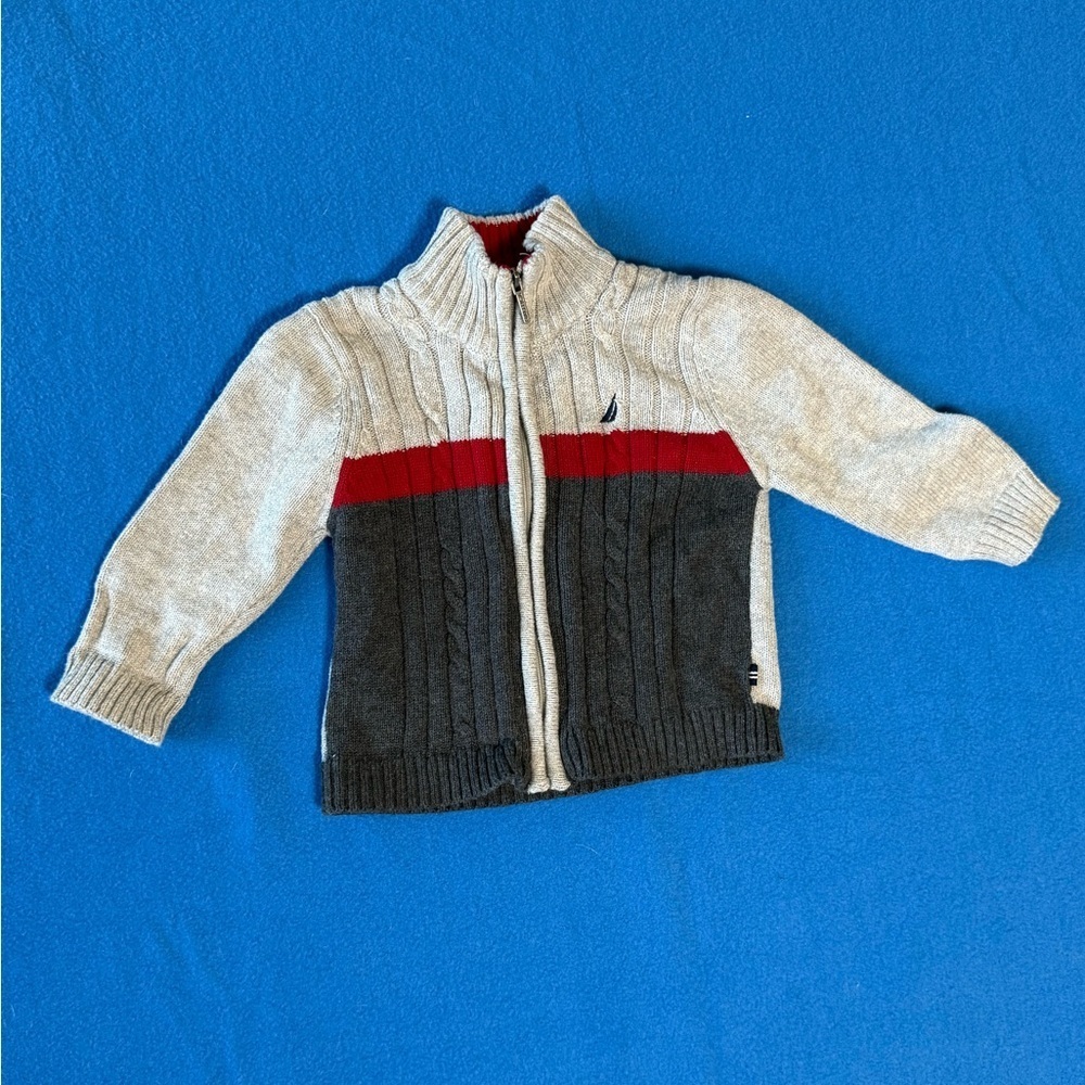 Nautica Toddler 18 Mos Full Zip Cardigan 100% Cotton 12" PTP Gray/Red/White